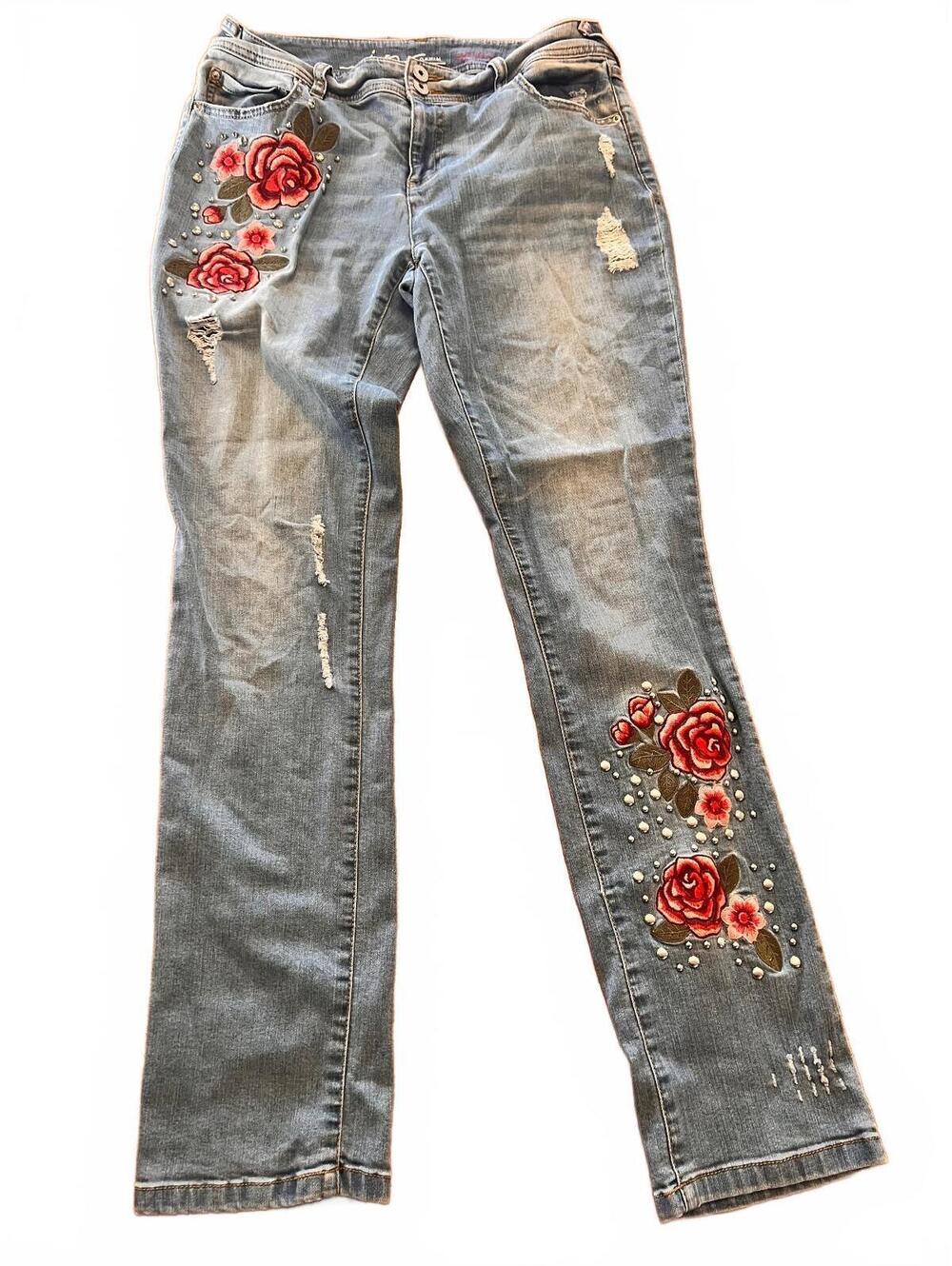 INC Y2K Denim Boyfriend Jeans with Red Floral Embroidery and Studs, Size 4